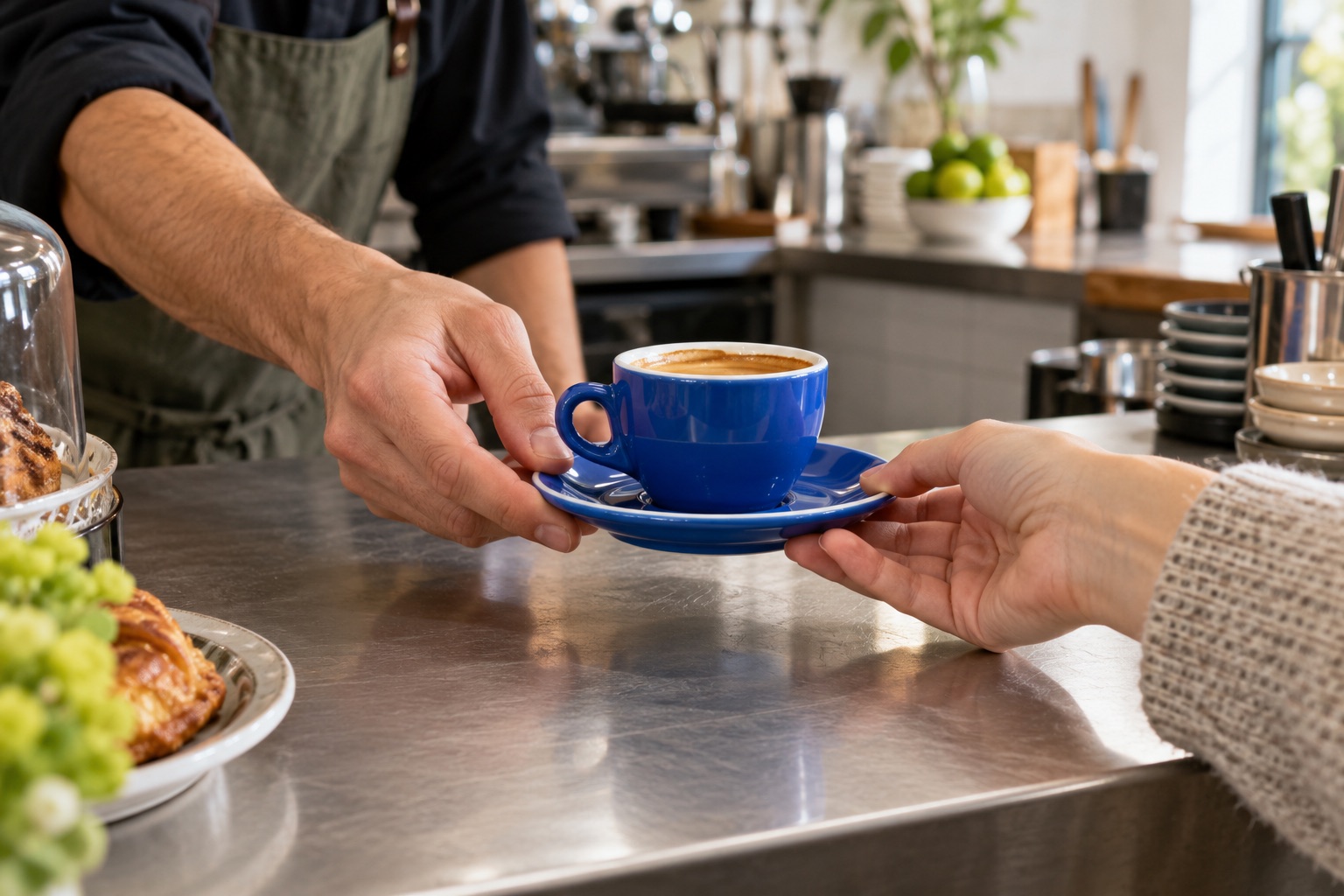 Un barista entrega un café en una taza azul a una clienta